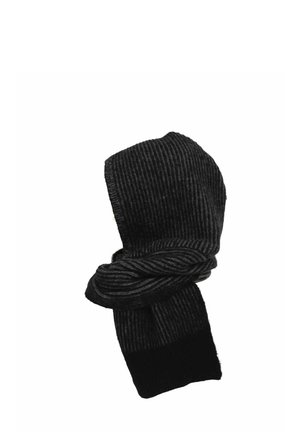 Black ribbed knit hood and matching scarf wrapped around the neck on a white background.