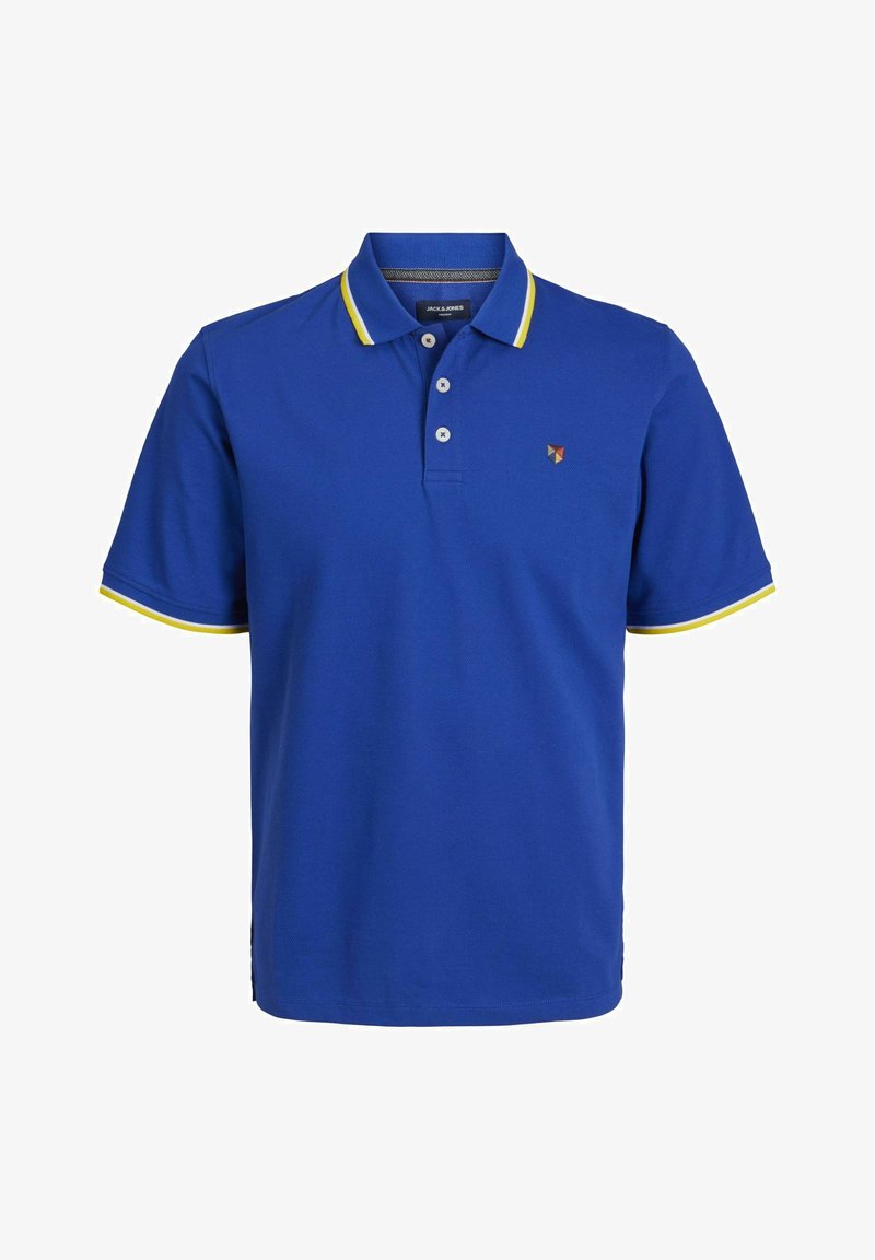 Camisa polo azul con un diseño sólido, que presenta un acento amarillo en el cuello y las mangas, y un pequeño logo en el pecho. Fabricada con tela texturizada.