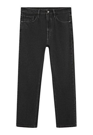 Zwarte recht gesneden jeans met vijf zakken, knoopsluiting en riemlussen, gemaakt van denimstof.