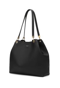 Black leather bucket bag with textured finish, gold-tone hardware, dual shoulder straps, and subtle logo on the front.