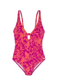 Enkel baddräkt med en livlig rosa bakgrund och orange blommönster. Har en djup V-ringning och nyckelhål-detail fram.