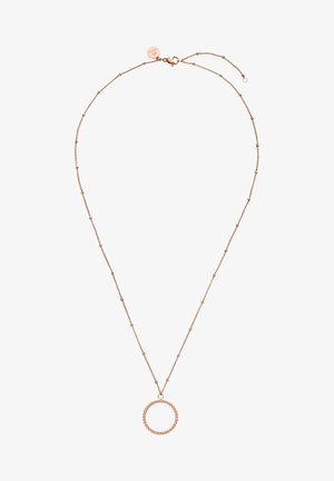 Collier chaîne en or rose avec petits accents de perles et un pendentif circulaire perlé suspendu au centre.