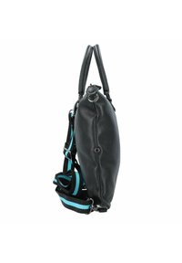 Borsa a tracolla nera in pelle con finitura testurizzata, dotata di manici doppi e di una tracolla nera staccabile con strisce turchesi. Vista laterale mostrata.
