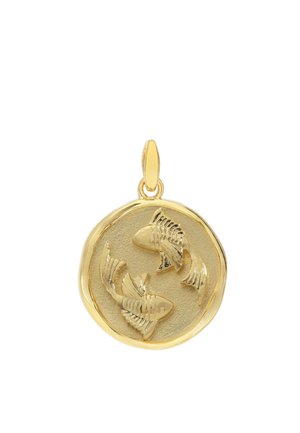 Gold circular pendant with two raised fish designs facing opposite directions on a textured background and a loop for a chain.