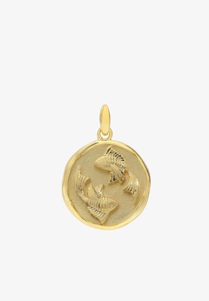 Goldener runder Anhänger mit zwei erhabenen Fischmotiven, die in entgegengesetzte Richtungen auf einem strukturierten Hintergrund zeigen, und einer Öse für eine Kette.