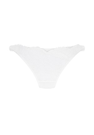 Weiße Tanga-Unterwäsche mit halbtransparentem floralen Spitzenmuster, gezackten Kanten, weichem Bund und einem glatten Futter für Komfort.