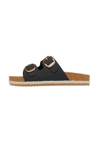 Black slide sandal with two adjustable straps featuring gold square buckles. Cork footbed and textured rubber sole with a woven edge.