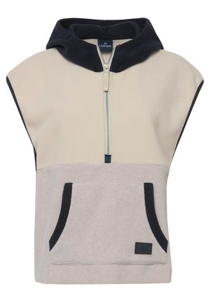 Fleece-hooded ilman hihoja pullo kerrossa vaaleassa harmaassa ja kermanvärisessä, jossa on tummansininen reunus. Tässä on vetoketjukiinnitys ja etutasku, jossa on korostustarra.