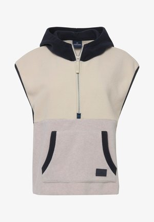 Fleece capuchonloze mouwloze hoodie in roomkleur en lichtgrijs met een marineblauwe rand. Heeft een ritssluiting en een voormouwzak met een accentlabel.
