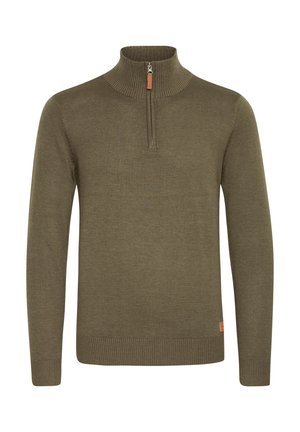Olive green sweater with a high collar, zip closure, and ribbed cuffs. Made of soft fabric with a smooth texture and minimal design accents.