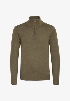 Oliwkowy sweter z wysokim kołnierzem, zapinany na zamek błyskawiczny, z prążkowanymi mankietami. Wykonany z miękkiego materiału o gładkiej fakturze i minimalistycznych akcentach wzorniczych.