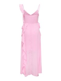 Robe midi rose sans manches avec fines bretelles et détail volant asymétrique sur un côté et dans le dos.