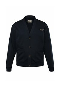 Cárdigan azul marino confeccionado en un tejido suave, con escote en V, cinco botones, dos bolsillos delanteros y logo bordado en el lado izquierdo.