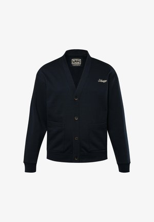 Dunkelblauer Cardigan aus weichem Stoff, mit V-Ausschnitt, fünf Knöpfen, zwei vorderen Taschen und gesticktem Logo auf der linken Seite.