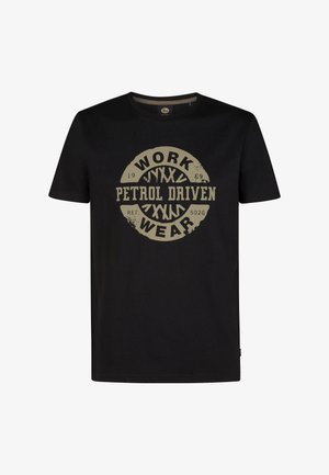 Zwart katoenen T-shirt met een vooropdruk met de tekst "WORK PETROL DRIVEN" en cirkelvormige accenten in beige. Korte mouwen, ronde halsontwerp.
