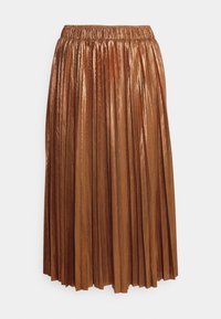 Fållad midikjol i reflekterande bronsfärgade tyget. Elastisk midja, mjuk textur och en fullsilhuett med vertikala veck.