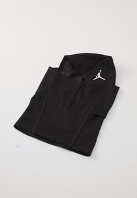 Sort, ribbet hætteplagg med en åben front og et fremtrædende hvidt Jumpman-logo på venstre side af hætten.