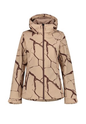Beige hooded jacket with brown irregular branch-like patterns and a front zipper, designed for outdoor wear.