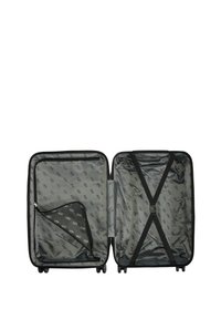 Black rolling suitcase with a textured exterior. Fully open, revealing a gray interior with straps and a zippered pocket. Subtle logo pattern.