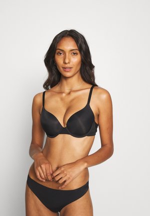 Schwarzer, geformter Bügel-BH mit verstellbaren Trägern und glattem Material. Schlichtes Design ohne Verzierungen, das einen nahtlosen Look bietet.