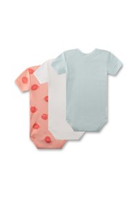 Set aus drei Kurzarm-Body-Suits: koralle mit bedrucktem roten Kugelfisch, schlicht weiß und einfarbig hellblau. Baumwollstoff, weiche Textur.