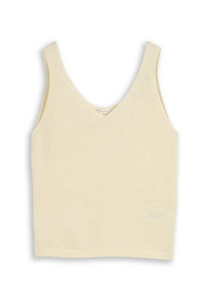 Débardeur en tricot couleur crème sans manches avec col en V et ourlet côtelé, posé à plat sur un fond blanc.