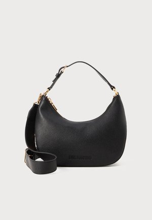Black leather shoulder bag with a rounded shape, textured surface, and adjustable strap. Features gold-tone hardware and embossed logo detail.