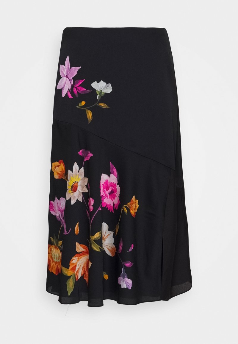 Jupe noire ornée d'une broderie florale colorée en rose, blanc, orange et jaune. Design évasé avec une légère drapé et une fente latérale.