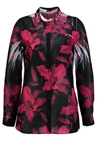 Durchsichtige schwarze Bluse mit großem pinkfarbenem Blumenmuster, Knopfverschluss vorne und verziertem Kragen. Mit langen Ärmeln und taillierter Passform.