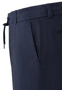 Navy blue linen blend pants with a textured finish, featuring a drawstring, belt loops, and two side pockets.
