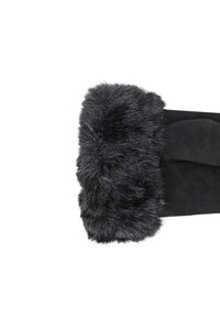 Guanto in suede nero con un ampio polsino in pelliccia sintetica. La texture è morbida con una finitura liscia sul corpo del guanto.