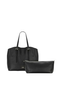 Czarna skórzana torba tote z zaciąganym zamknięciem i złotymi akcentami, w komplecie z pasującą zapinaną na zamek kieszenią, obie cechujące się teksturowanym wykończeniem.