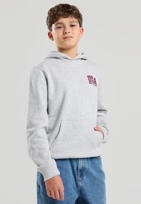 Gray hoodie with a front pocket, featuring "USA" in red text on the left chest. Worn with light blue loose-fitting jeans.