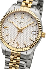 Montre en acier inoxydable argenté et doré avec un cadran texturé argenté, des index horaires dorés et un affichage de la date à 3 heures.