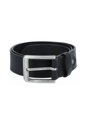 Zwarte leren riem opgerold met een rechthoekige zilverkleurige metalen gesp en een enkele riemlus.