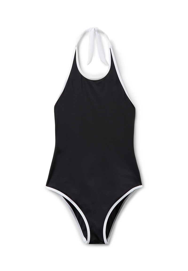 Maillot de bain noir une pièce avec des finitions blanches, design à col halter, tissu lisse, ouvertures haute sur les jambes et détail noué au dos.