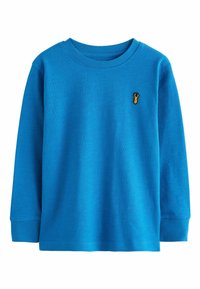 Langärmliges blaues Baumwollhemd mit Rundhalsausschnitt und einer kleinen gelben Hummerstickerei auf der linken Brust. Weiche Textur.