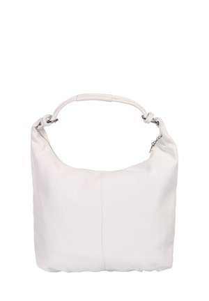 White leather shoulder bag with short handle and metal ring details, soft texture, and a simple, unstructured design.