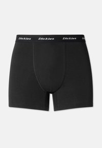 Schwarze Baumwoll-Boxershorts mit elastischem Bund, der mit weißem "Dickies"-Branding versehen ist, glattem Material und einem konturierten Beutel-Design.