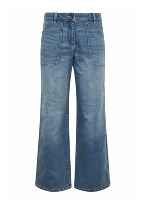 Blauwe denim broek met hoge taille en wijd uitlopende pijpen, voorzien van voorzakken met klep, knoopsluiting en riemlussen.