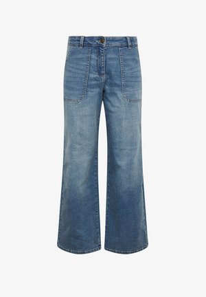Blauwe denim broek met hoge taille en wijd uitlopende pijpen, voorzien van voorzakken met klep, knoopsluiting en riemlussen.