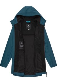 Teal vandtæt jakke med sort inderside, justerbar hætte, lynlås lommer og kontrasterende indre labels. Glat tekstur og slankt design.