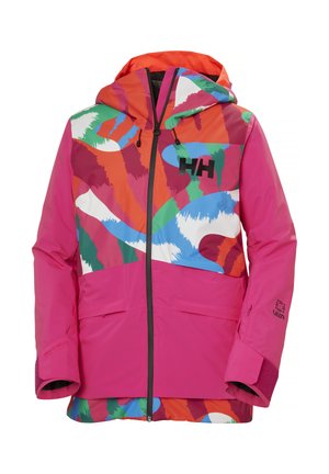 Chaqueta de esquí colorida con una mezcla de patrones en rosa, naranja, verde y azul. Material: tejido impermeable con capucha y cierre de cremallera.
