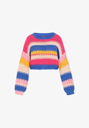 Kurzes Sweatshirt mit einem mehrfarbigen Strickmuster in Rosa, Blau, Gelb und Creme. Strukturiertes Material mit weiten Ärmeln und einem runden Halsausschnitt.