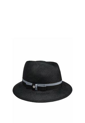 Black woven fedora hat with a wide brim and a gray and black ribbon band with a small round metal accent.