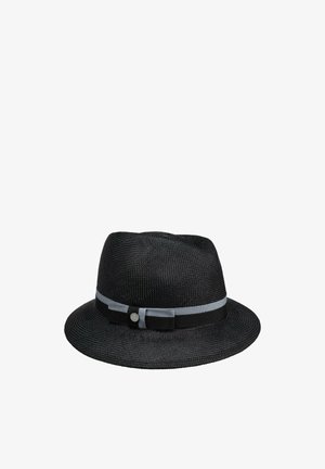 Black woven fedora hat with a wide brim and a gray and black ribbon band with a small round metal accent.