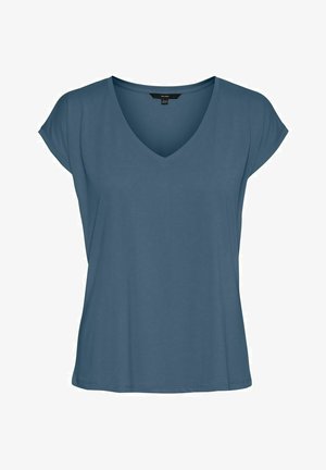 T-shirt bleu à col en V en tissu lisse, avec des manches courtes et une coupe décontractée. L'ourlet est droit et ne présente aucun motif ou accent supplémentaire.