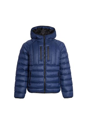 Casaco puffer azul-marinho com capuz, apresentando um acolchoamento horizontal, dois bolsos para o peito com fecho éclair e acabamentos de fecho éclair pretos. Tecido liso e brilhante.