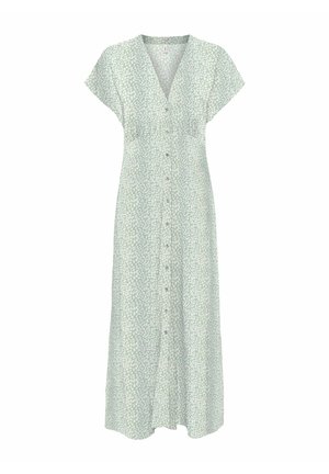 Robe maxi à manches courtes vert clair avec motif de feuilles blanches, col en V et boutons sur le devant au centre.