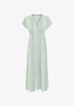 Šviesiai žalia trumpomis rankovėmis maksi suknelė su baltu lapų raštu, V formos iškirpte ir priekinėmis sagomis per vidurį.